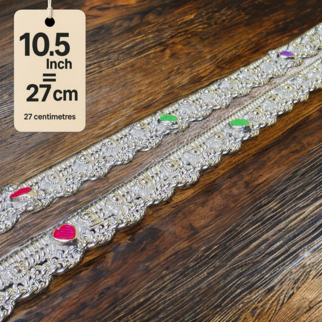 German Silver -Silver Plated Traditional Anklet with NON-Adjustable Size, Contemporary Style, Silver PLATED, 2-Piece Set-10.5 Inch Coloured Heart Details, Set of 2
