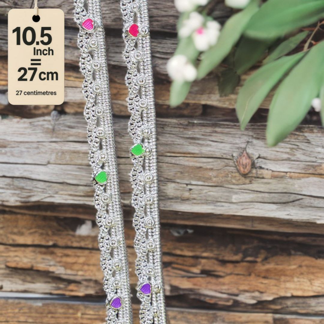 German Silver -Silver Plated Traditional Anklet with NON-Adjustable Size, Contemporary Style, Silver PLATED, 2-Piece Set-10.5 Inch Coloured Heart Details, Set of 2