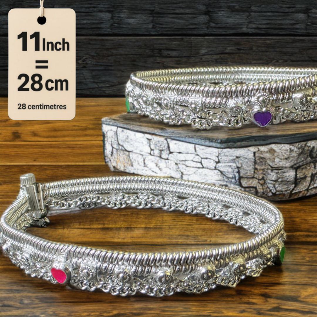 German Silver -Silver Plated Traditional Anklet with NON-Adjustable Size, Contemporary Style, Silver PLATED, 2-Piece Set-11 Inch Coloured Heart Details, Set of 2