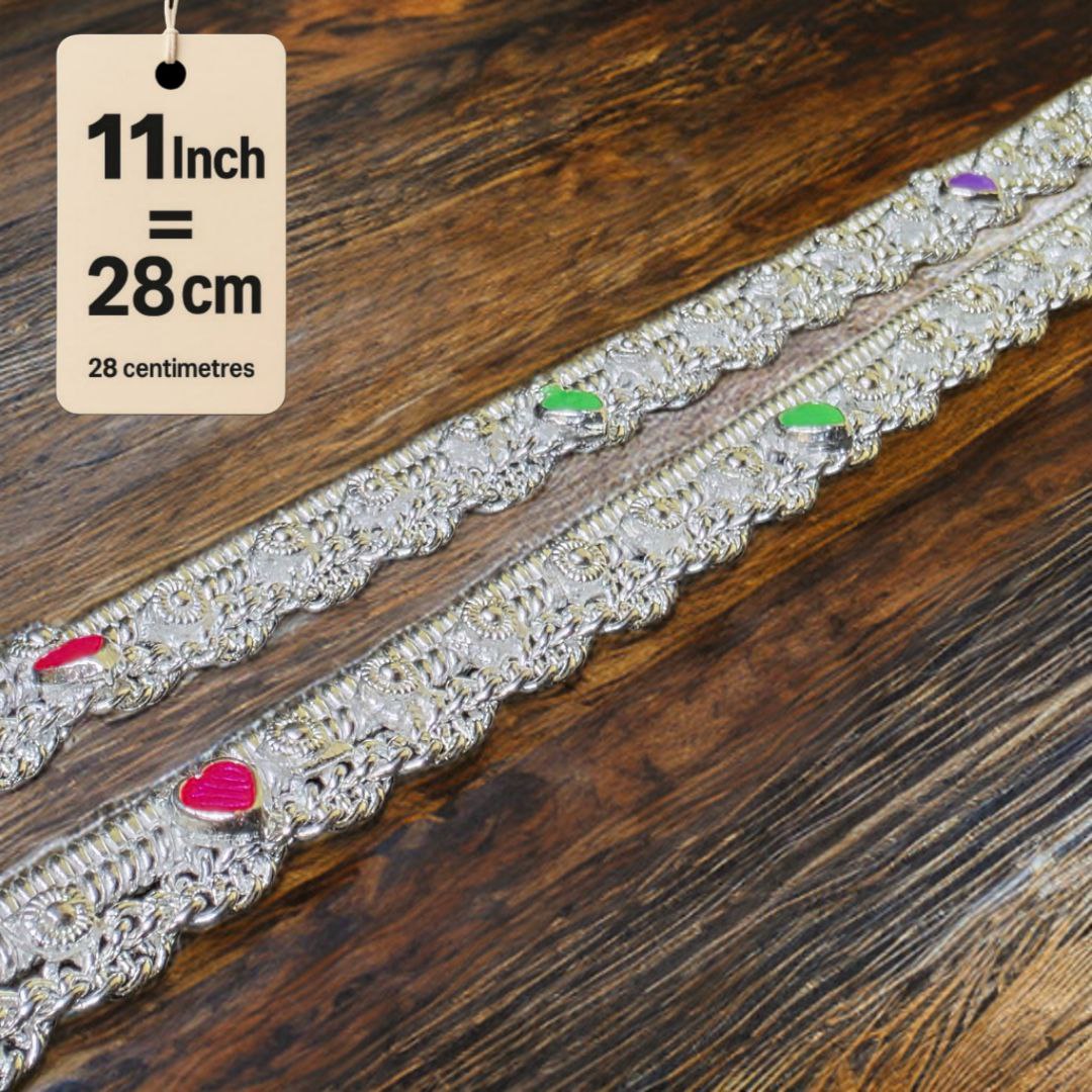 German Silver -Silver Plated Traditional Anklet with NON-Adjustable Size, Contemporary Style, Silver PLATED, 2-Piece Set-11 Inch Coloured Heart Details, Set of 2