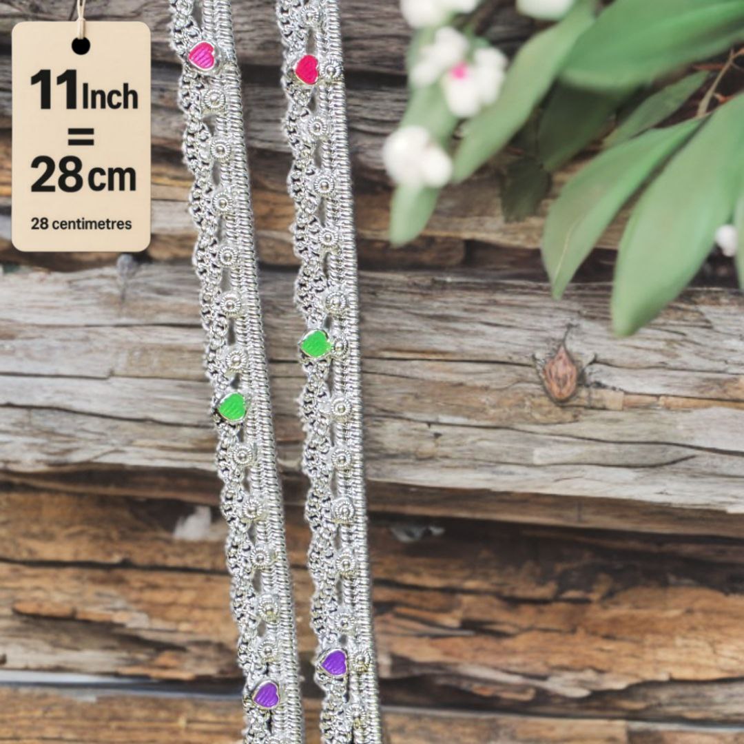 German Silver -Silver Plated Traditional Anklet with NON-Adjustable Size, Contemporary Style, Silver PLATED, 2-Piece Set-11 Inch Coloured Heart Details, Set of 2