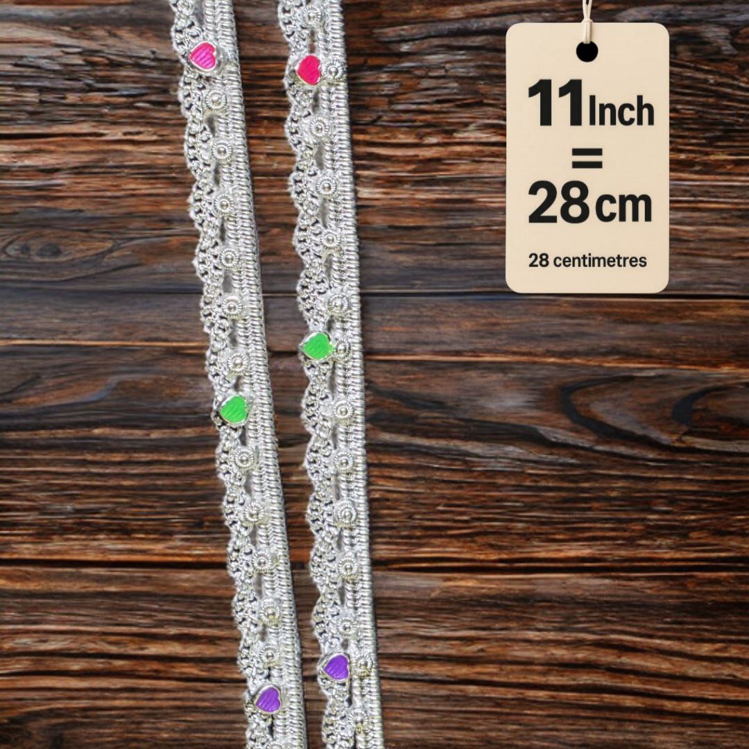 German Silver -Silver Plated Traditional Anklet with NON-Adjustable Size, Contemporary Style, Silver PLATED, 2-Piece Set-11 Inch Coloured Heart Details, Set of 2