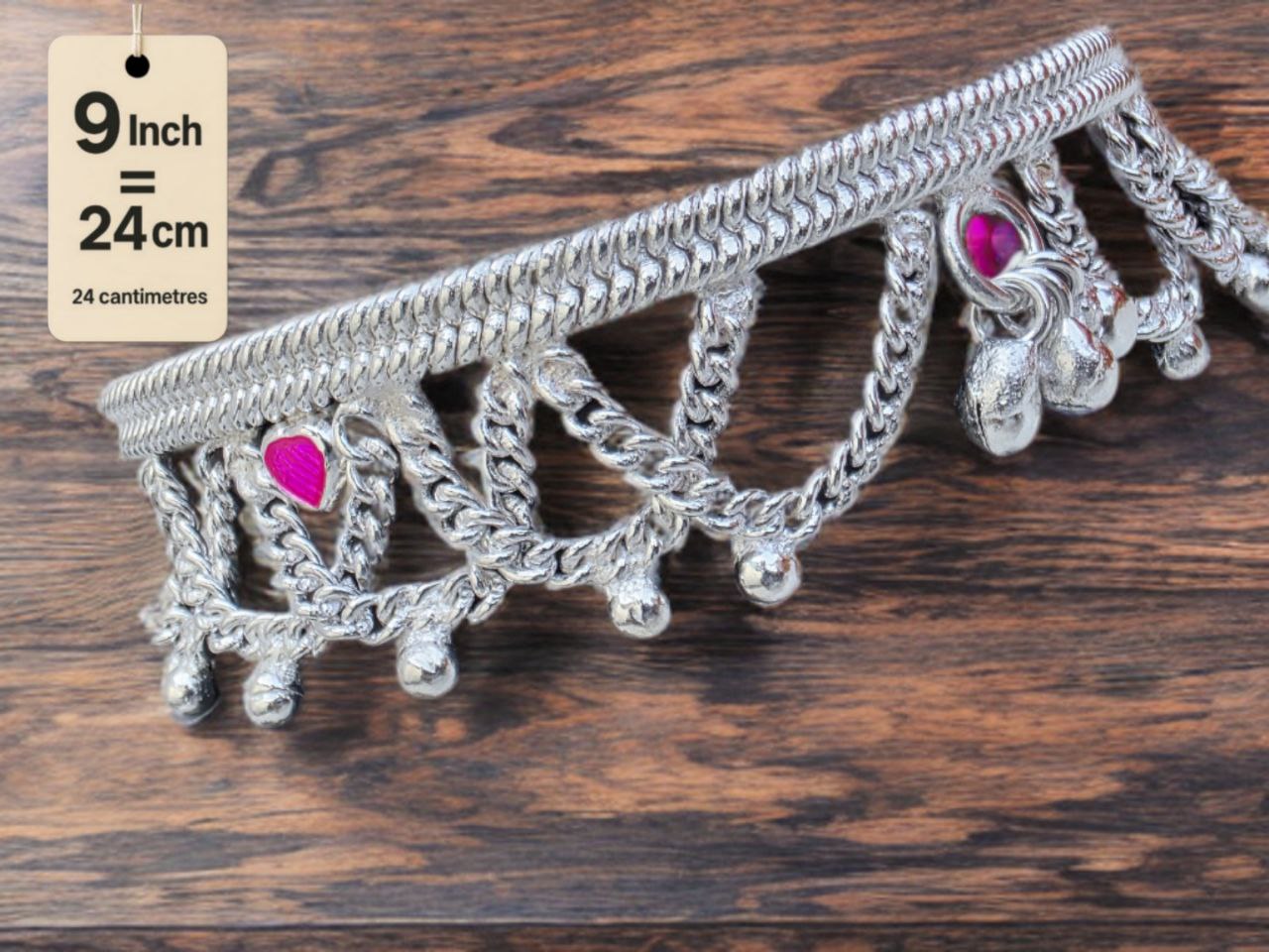 German Silver Anklet/Payal with Bells &colored stone Heart Design Silver plated 2-Piece Set-9 Inch