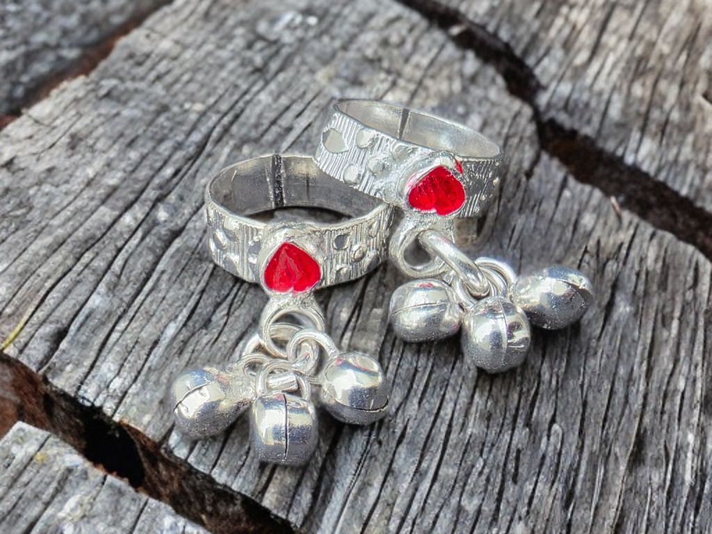 GERMANSILVERS Toe Ring with Red Enamel Hearts and Bell Charms