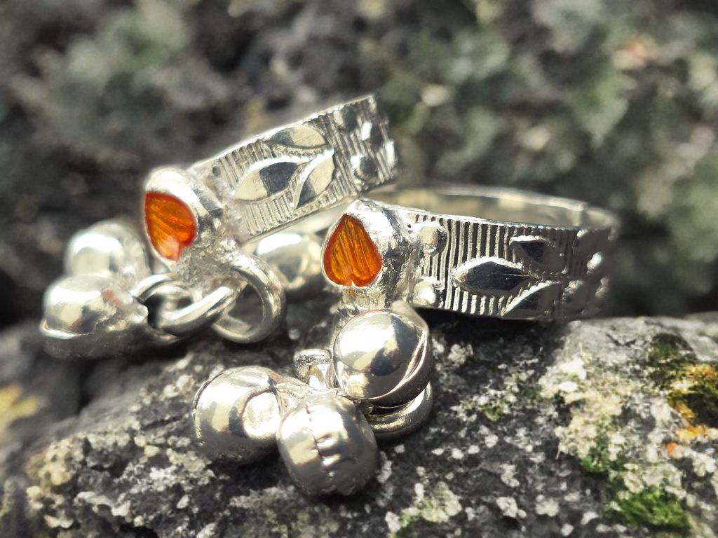 GERMANSILVERS Toe Ring with ORANGE Enamel Hearts, Silver Bell Charms, Traditional Design