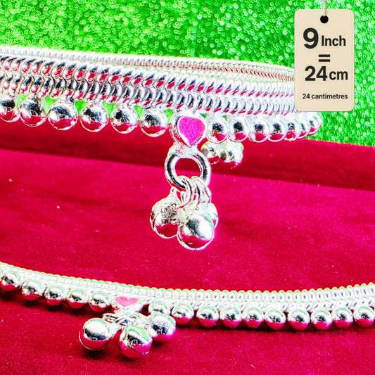 Silver-Plated German Silver Anklets with green Pink Heart symbols, Contemporary Style, Non-Adjustable, Set of 2-9Inch