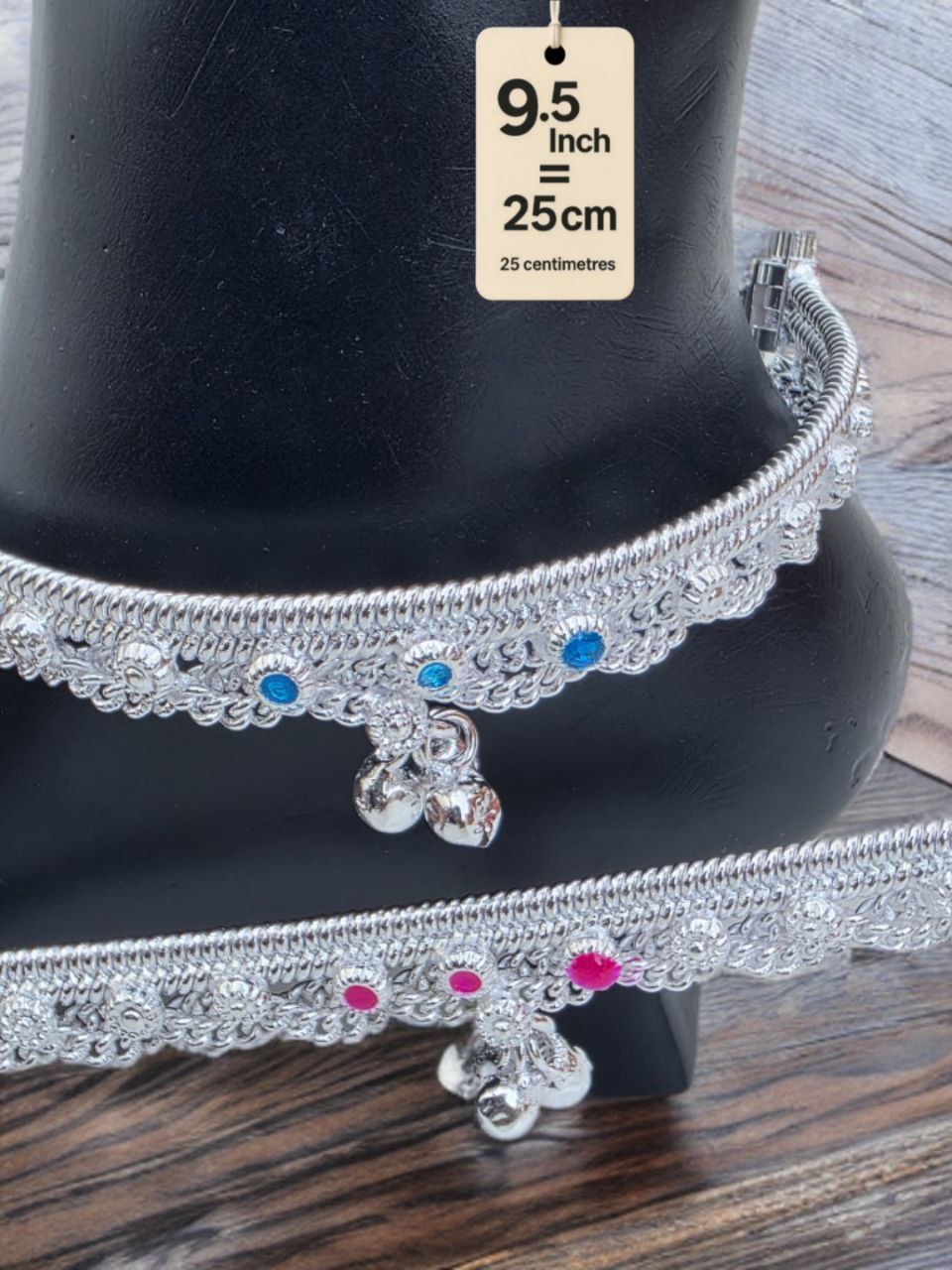 German  Studded Silver Anklets with Ghungroo. rose stone accents dangling bells Silver plated  2-Piece Set-9.5 Inc